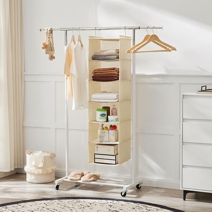 MAX Houser 6 Tier Shelf Hanging Closet Organizer, Closet Hanging Shelf with 2 Sturdy Hooks for Storage,2 Pack, Foldable (Yellow)