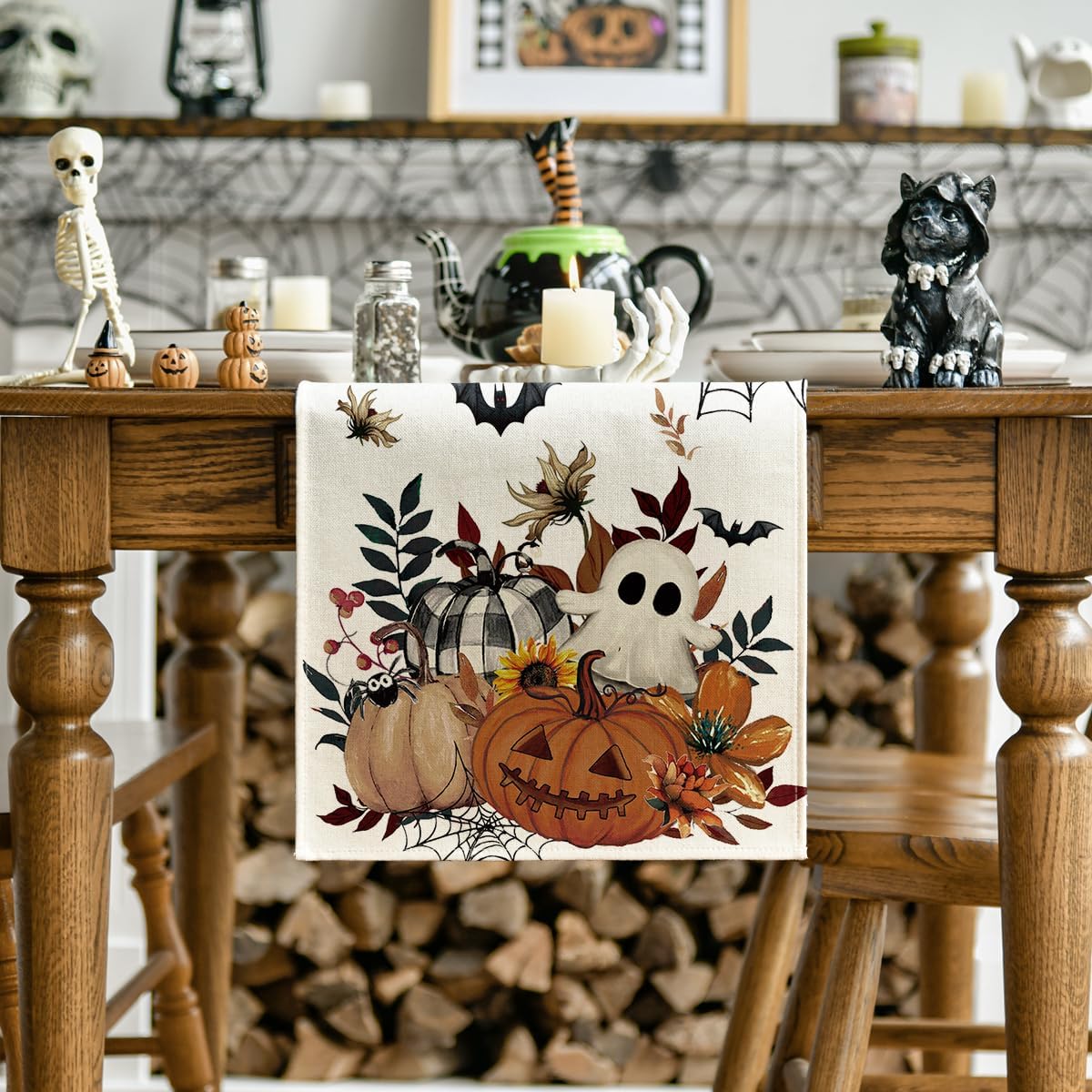 Artoid Mode Pumpkin Ghost Leaves Spider Web 210 GSM Halloween Table Runner, Spooky Kitchen Dining Table Decoration for Home Party Decor 13x48 Inch