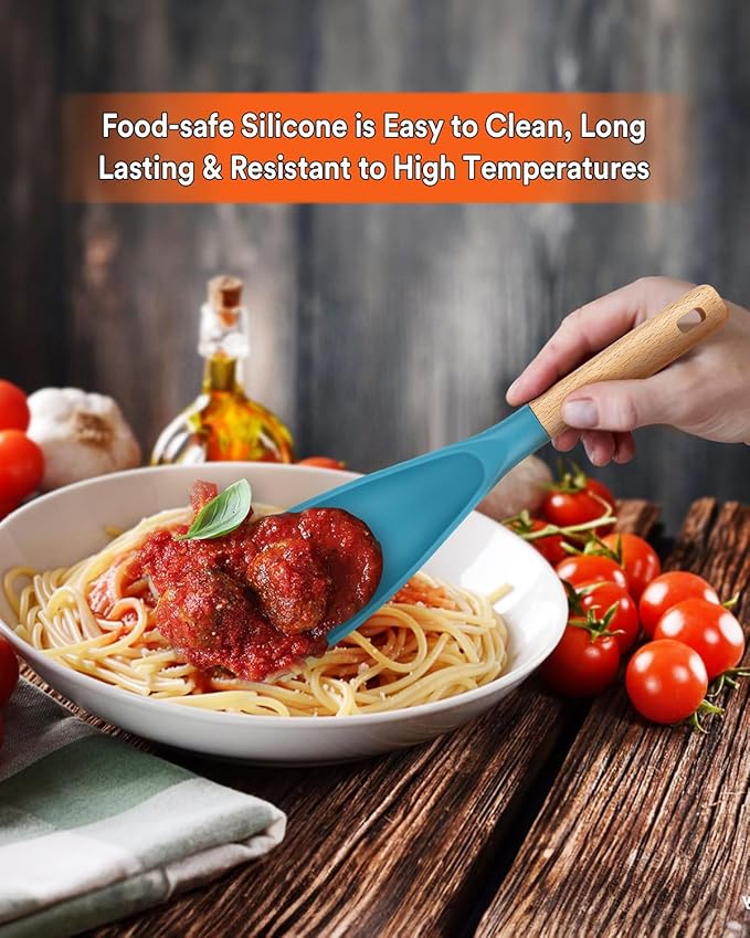 Cooking Spoon for Nonstick Cookwares, Great for Cooking and Serving Sturdy BPA-Free Matte Silicone, Wood Handle Spoon for Mixing, Scoop, and Scrape (Khaki & Turquoise, 11.4 inch)