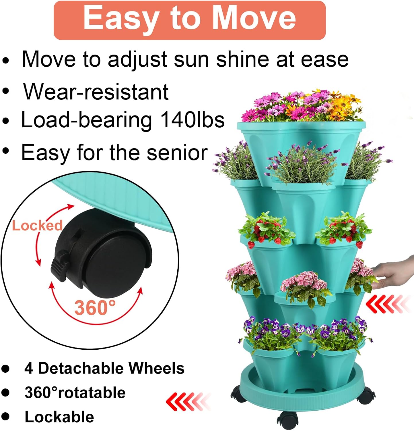 DUNCHATY Stackable Planter, Vertical Garden Planter with Wheels and Tools, Self Watering Strawberry Planter Indoor/Outdoor 5 Tier Herb Planter Pots for Growing Vegetables and Succulents, Teal