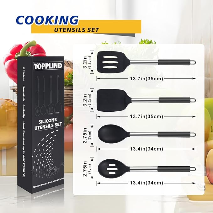 Silicone Kitchen Cooking Utensils Set 5-Piece BPA-Free Heat-Resistant Non-Stick & Dishwasher-Safe, with Slotted/Solid Spoons & Spatulas for Frying,Draining – Includes Multi-Purpose Serving Hook(Black)