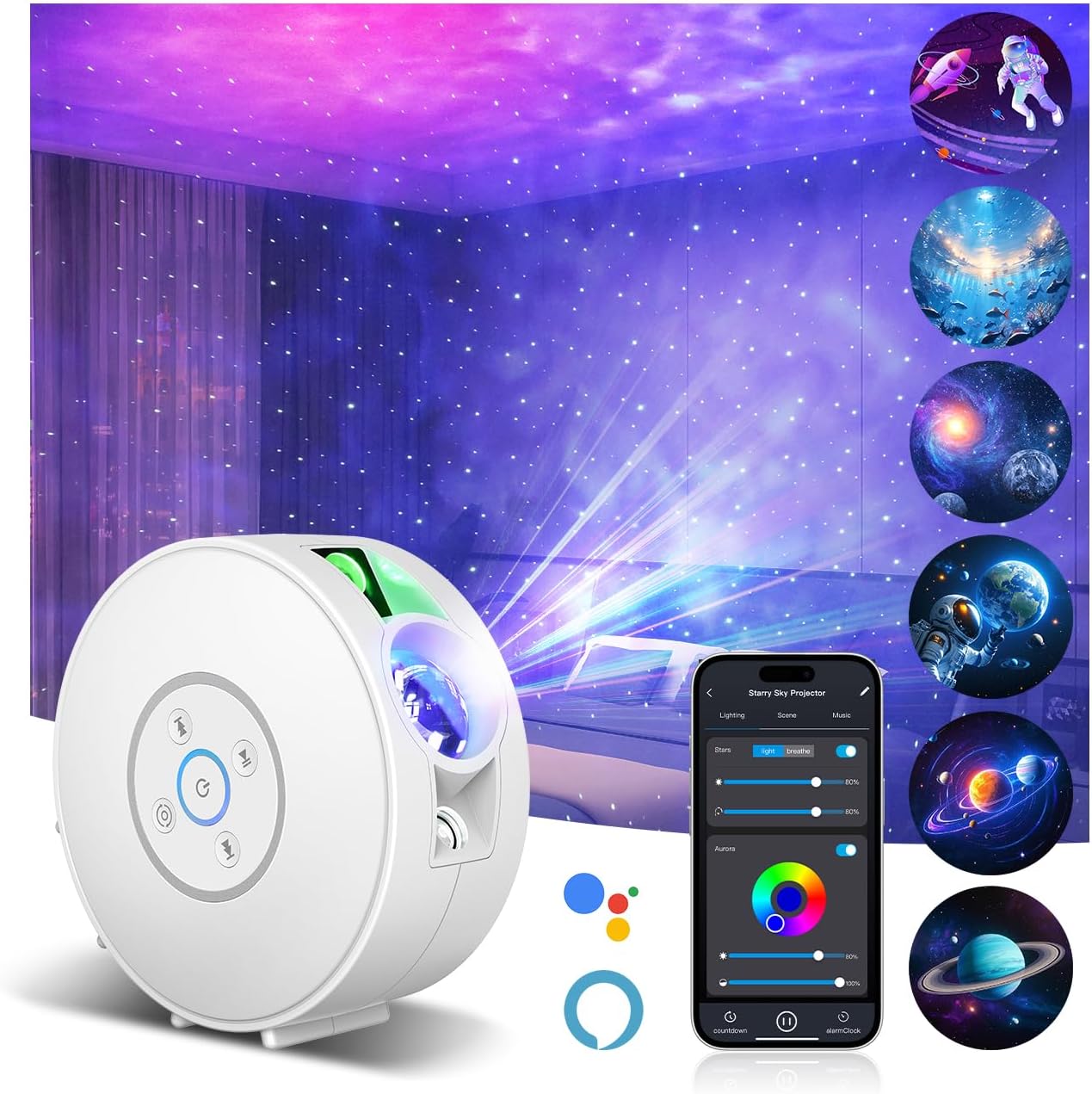Smart Star Light Projector,Galaxy Projector with 6 Projection Slide,Smart APP & Voice Control Rotatable Galaxy lamp with 24H Timer and 37 White Noises Cloud Light Gift for Kids Room Decor(White)