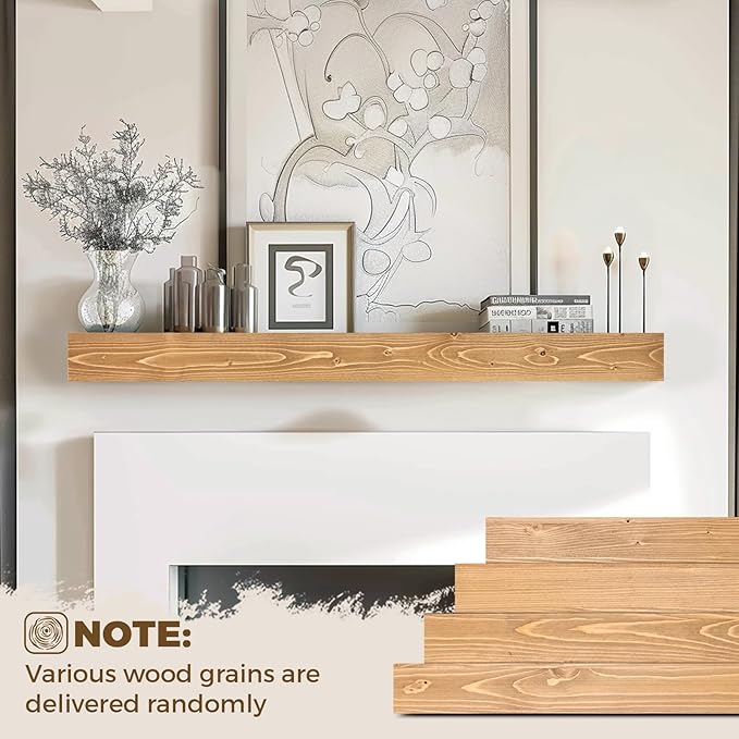 48x8x3 Fireplace Mantel - Handcrafted Hollow Rustic Solid Wood Wall Mounted Floating Shelf with Invisible Heavy Duty Wood Bracket (Natural Wood)