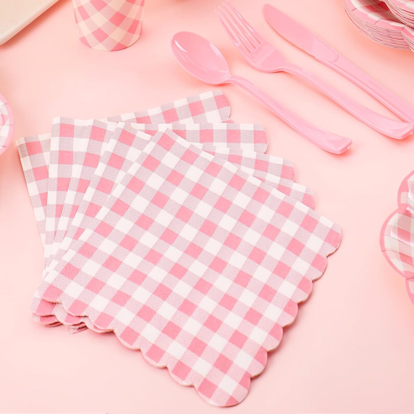 350 Pcs Pink Gingham Plates and Napkins Party Supplies - Pink and White Checkered Plates Sets Serve 50 Guests - Scalloped Gingham Paper Plate for Birthday Wedding Picnic Party Decorations