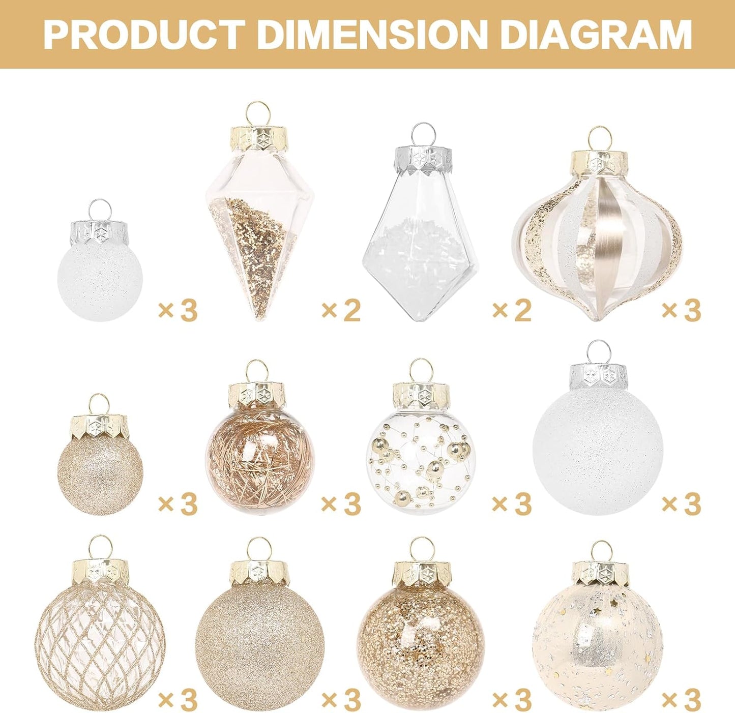 Christmas Ball Ornaments Set, 34PCS Clear Plastic Shatterproof Christmas Ornaments for Xmas Tree Hanging Decorations, for Indoor Home Thanksgiving Party Decor - Champagne/White.