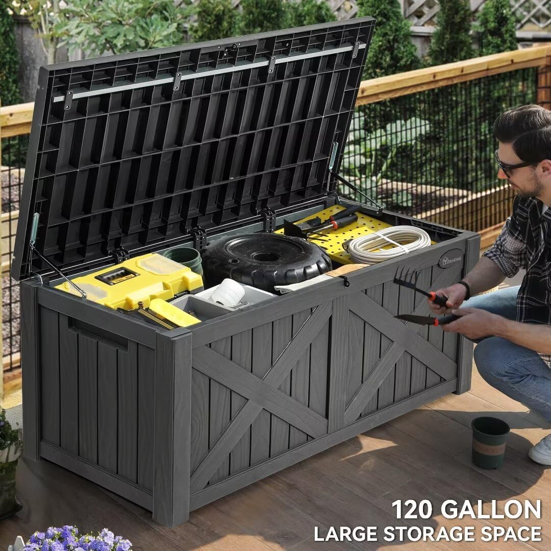 YITAHOME 120 Gallon Large Deck Box with X-Shaped Front, Resin Outdoor Storage Boxes, Waterproof Cushion Storage Bench for Patio, Pool Supplies, Garden Tools - Lockable, Dark Gray
