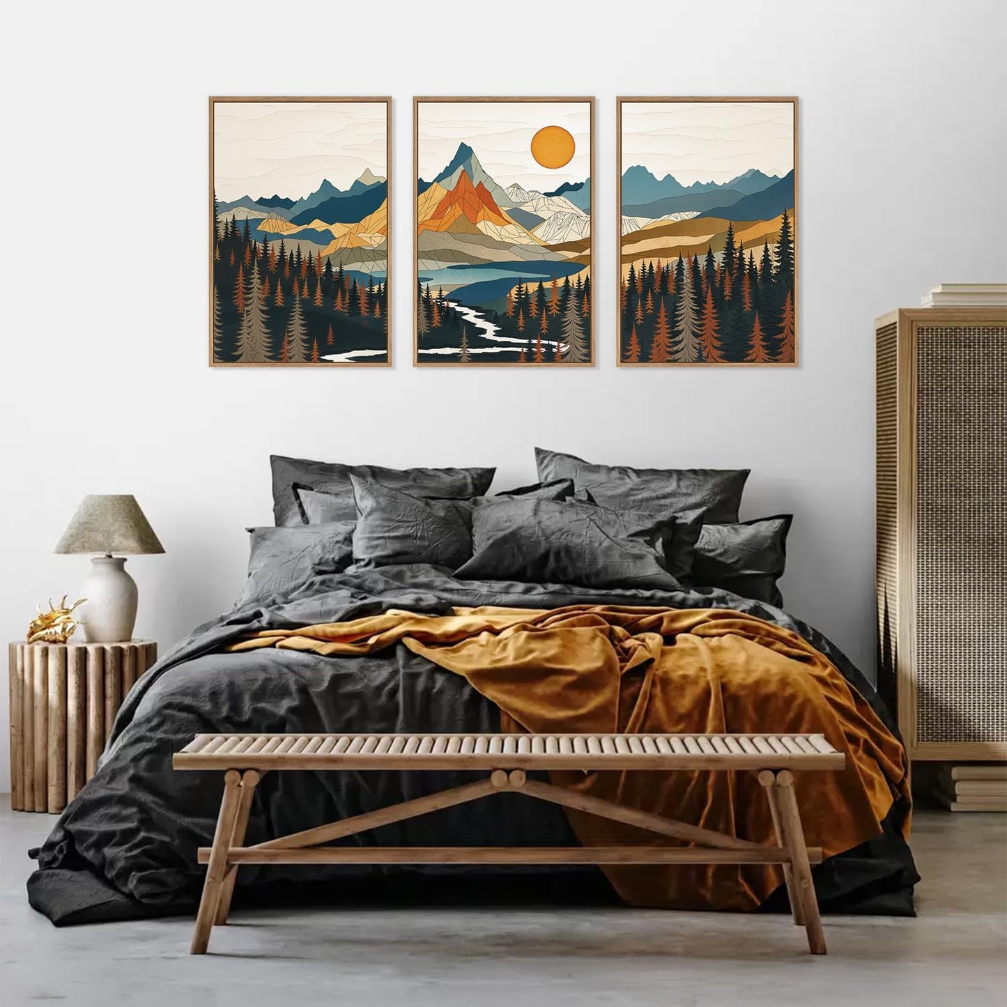 HLNIUC Large Sunset Mountain Framed Wall Art,Boho Forest Pine Tree Canvas Wall Decor Set of 3(16”X24”) Blue and Orange Landscape Art Print,Colorful Mountain Lake Wall Painting for Living Room,Bedroom