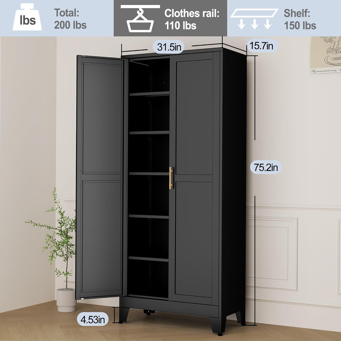 Black Metal Storage Cabinet,75" Steel Cabinets for Home Office, Kitchen Pantry Storage Cabinet with Doors and 5 Adjustable Shelves, Tool Cabinets, for Office, Home, Garage, School
