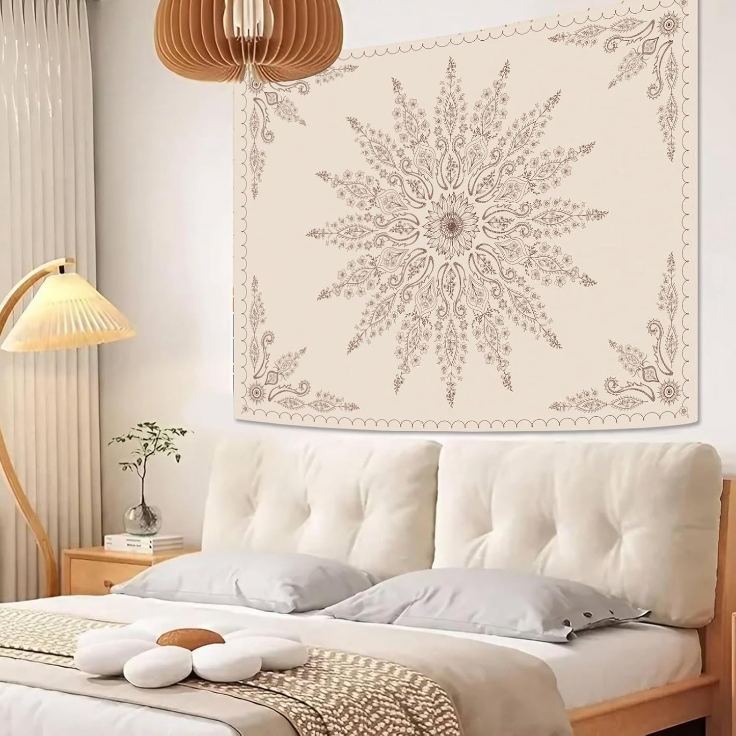 Fowocu Boho Floral Mandala Tapestry for Bedroom Aesthetic Bohemian Flower Wall Tapestry Beige Hippie Indian Extra Large Tapestries Wall Hanging for Living Room Dorm Decor 90 x 68 Inch