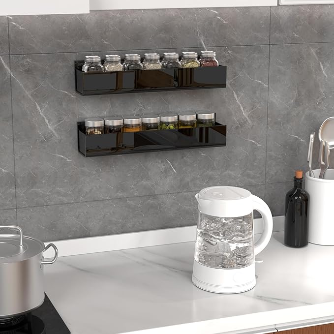 PMMASTO Adhesive Acrylic Spice Rack Organizer for Wall with Nano Double Sided Tape, Spice Shelf Organization for Kitchen Cabinet Door/Pantry Door, Wall Mount Seasoning Rack (Black-2 Pack)