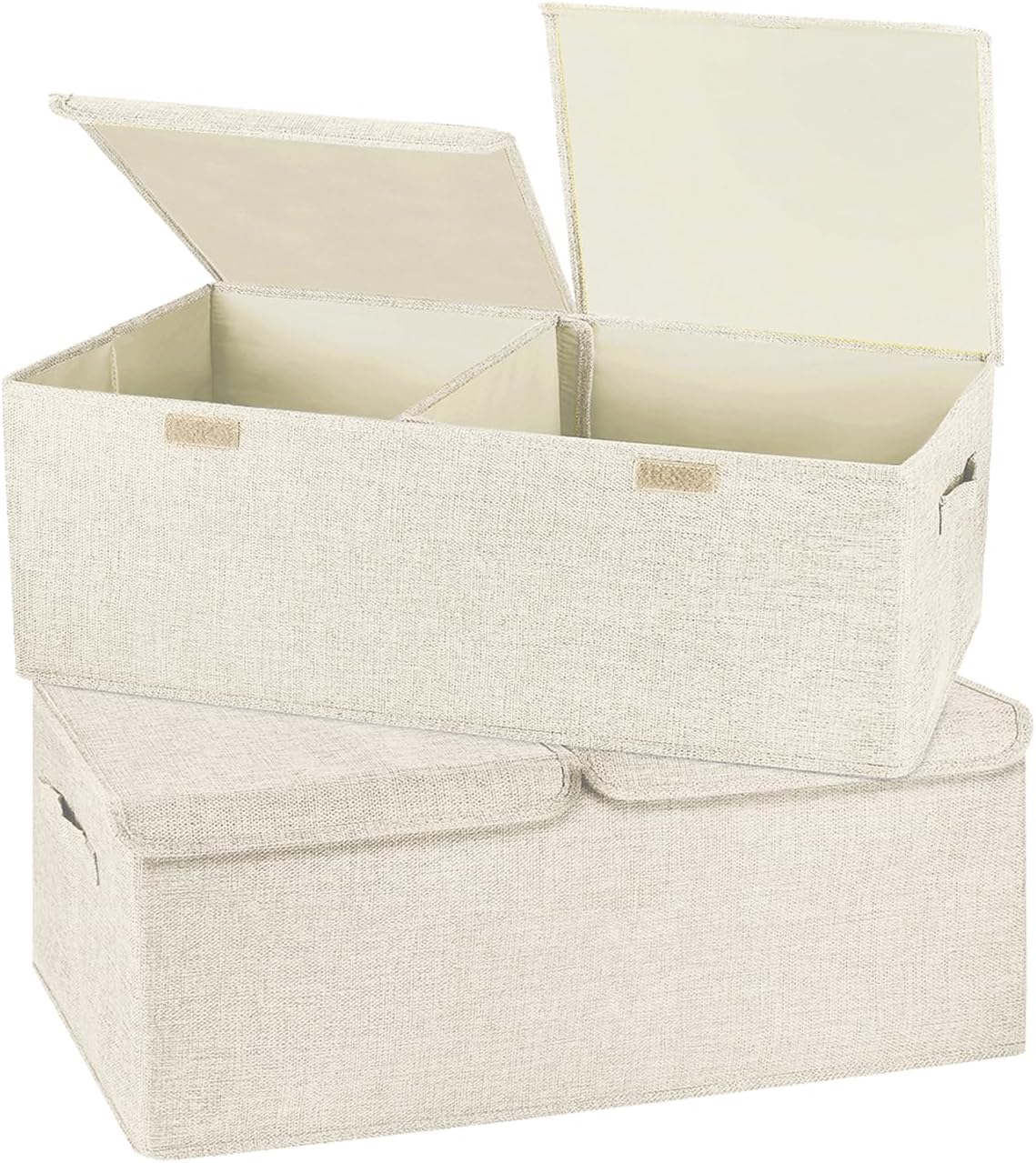 2 Pack Large Storage Boxes with Lids and Handles, Collapsible Linen Storage Bins Organizer Containers Baskets Cube with Removable Divider for Home Bedroom Closet Office (Cream, Small)