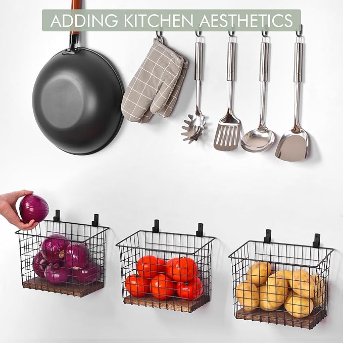 Wall Hanging Baskets 3 Pack, Large Diversified Wire Basket Shelves of Wooden Style, with Wall Mounted Metal Hooks & Traceless Stickers, for Kitchen Coffee Bar Office Room Garage Storage Organization