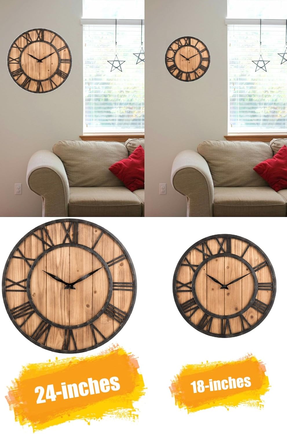 Oldtown Farmhouse Metal & Solid Wood Noiseless Wall Clock (Wood, 24-inch)