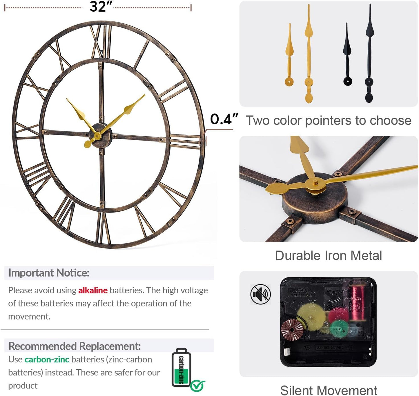 Large Wall Clock for Living Room Decor – 32 Inch Silent Non-Ticking Modern Farmhouse Wall Clock, Oversized Decorative Metal Roman Numeral Clock, Bronze