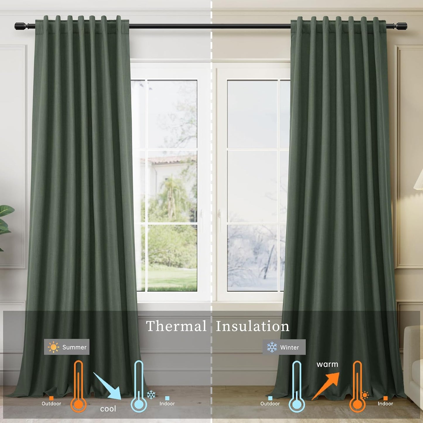 BOODII Christmas Curtains Olive Green Black Out Linen Curtains 84 Inch Length 2 Panels Set Back Tab Rod Pocket Curtain Thermal Insulated Noise Reduction Drapes for Farmhouse Living Room Loden, 52x84