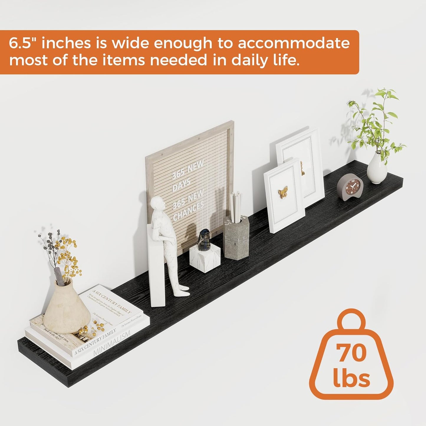 Floating Shelves for Wall, 48 Inch Floating Shelves for Home Decor, Wall Mounted Rustic Wood Shelves, Bathroom, Hanging Deep Shelf for Bedroom, Living Room, Kitchen (Black, Set of 2)