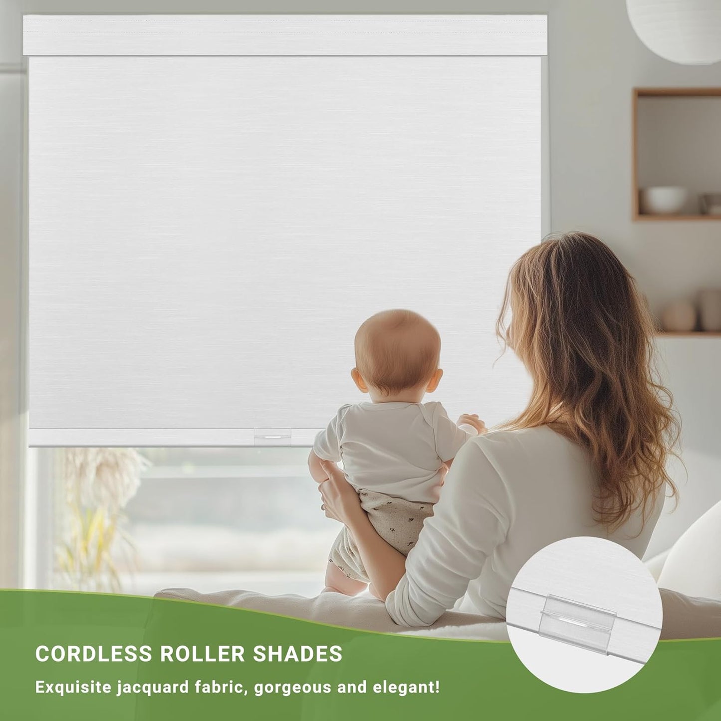 Blackout Roller Shades for Indoor Windows, Cordless Jacquard Fabric-Matched Roller Blinds, Easy to Install Privacy UV Protection Roll Up Blinds for Home Office, Pure White, 23" W x 72" H