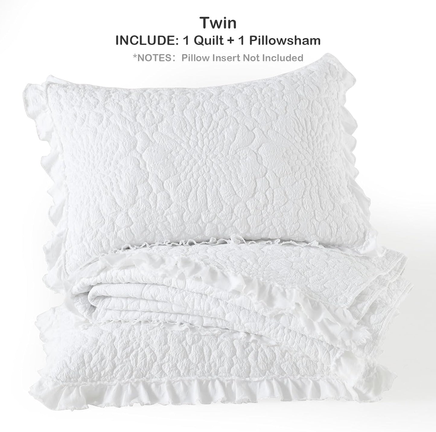 HORIMOTE HOME White Ruffled Quilt Twin Size, Stone-Washed Microfiber Lightweight Crinkled Farmhouse Rustic Shabby Chic Bedding Set, 2 Pieces Reversible Bedspread with Pillow Sham for All Season