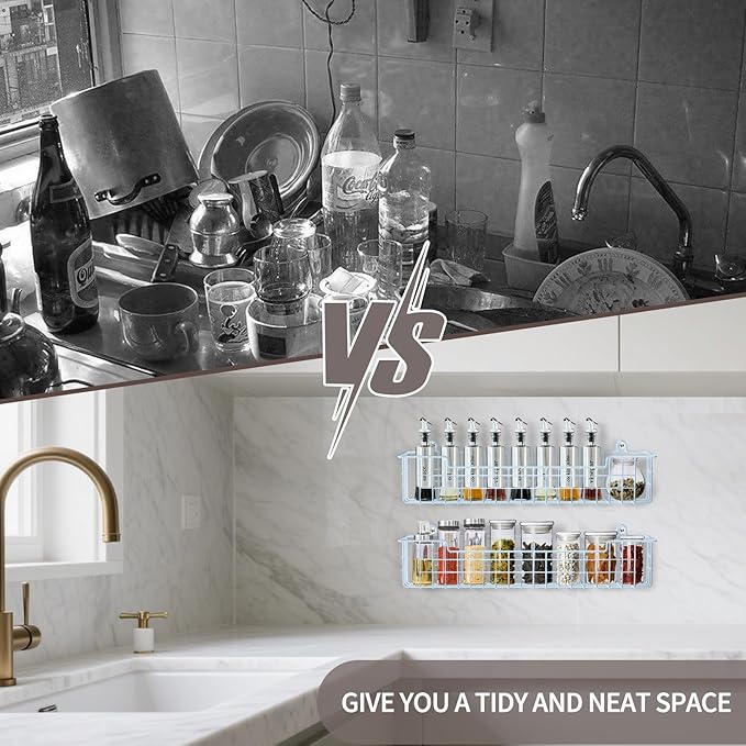 Spice Rack, 4-Pack Seasoning Organizer Wall Mount for Kitchen Storage Organization, Metal Spice Holder Shelf Saving Space for Cabinet, RV, Pantry, Blue