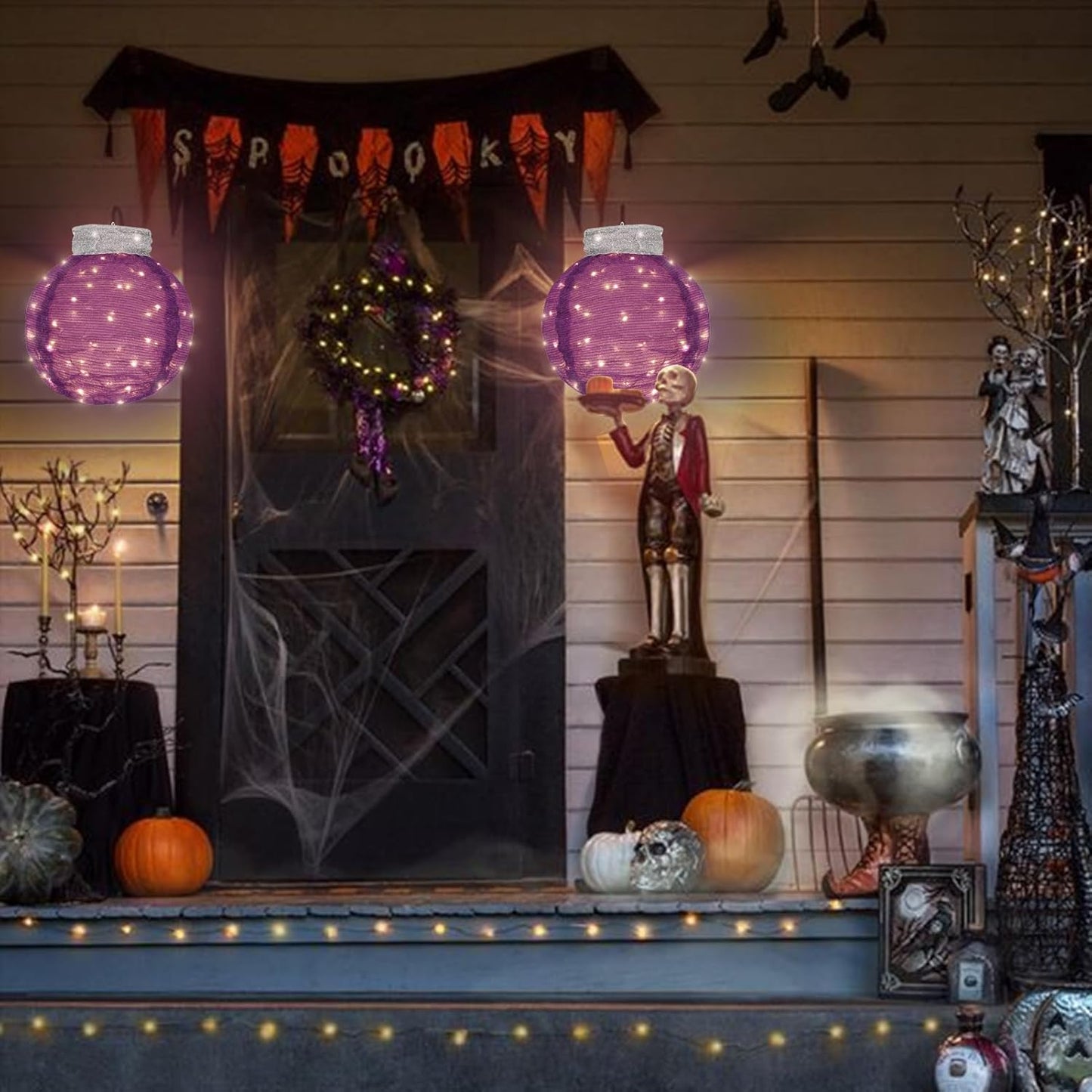 BRIGHTDECK Outdoor Halloween Ornaments, Lighted Pop-Up Outdoor Holiday Ball Decoration with 80 LED Lights, 8 Light Modes, Lighted Collapsible Holiday Decorations for Yard, Home (Purple)