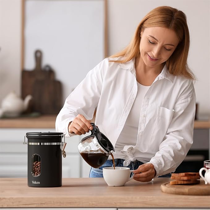 Coffee Canister Set 16 + 22 + 38 oz with Window, Airtight Stainless Steel Kitchen Food Storage Container with Date Tracker and Scoop for Grounds Coffee, Beans, Tea, Flour, Cereal, Sugar, Black
