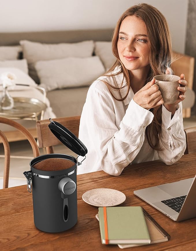 HAIOOU Airtight Coffee Canister, 16OZ Small Stainless Steel Coffee Bean Storage Container with Date Tracker, Measuring Scoop, CO2 Releasing Valves and Mini Tongs for Beans, Grounds and more - Gray