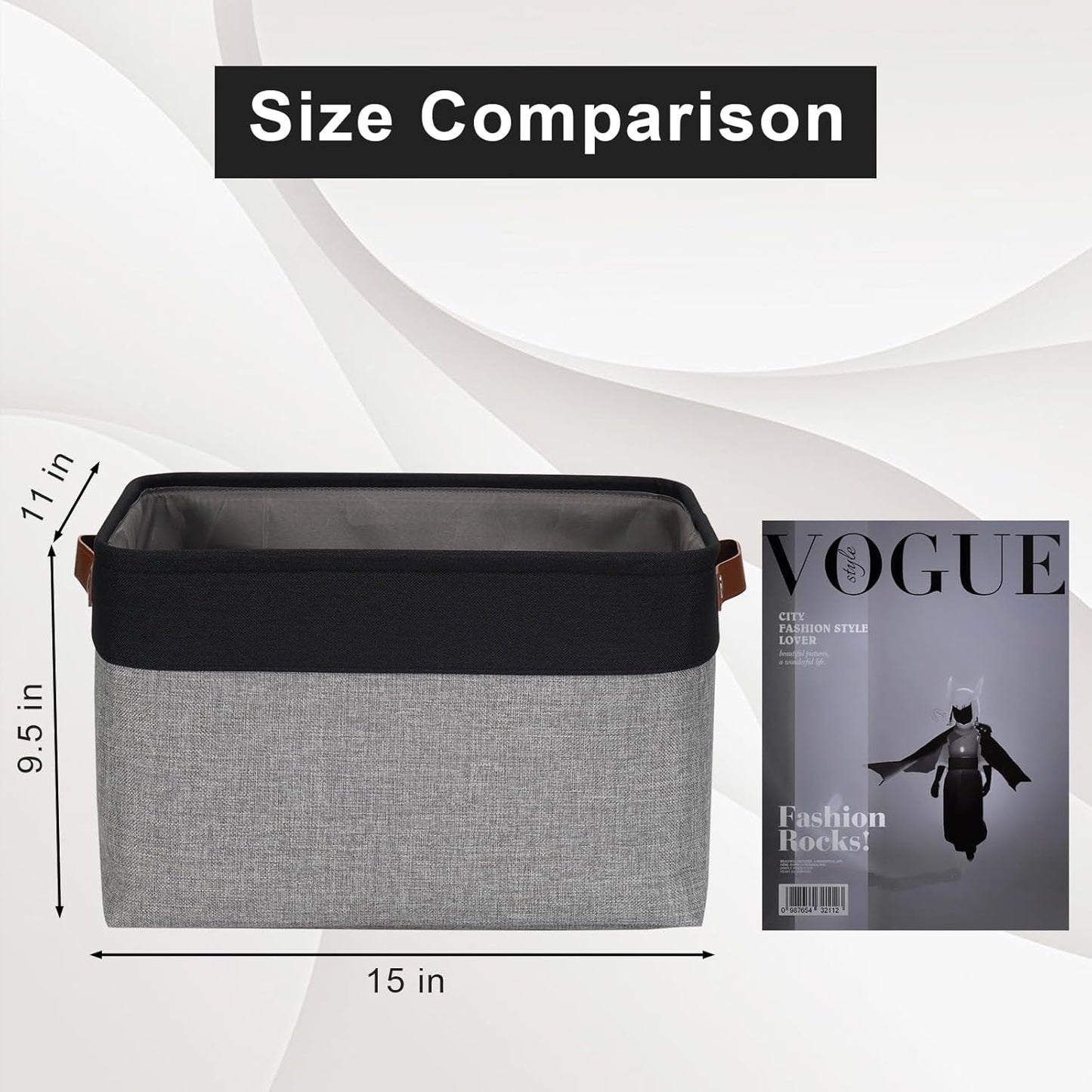 Storage Bins Large Fabric Storage Baskets for Shelves 3 Pack, Decorative Linen Closet Baskets with Handles for Organizing, Shelf, Clothes, Home, Office, 15x11x9.5Inches (Grey&Black)