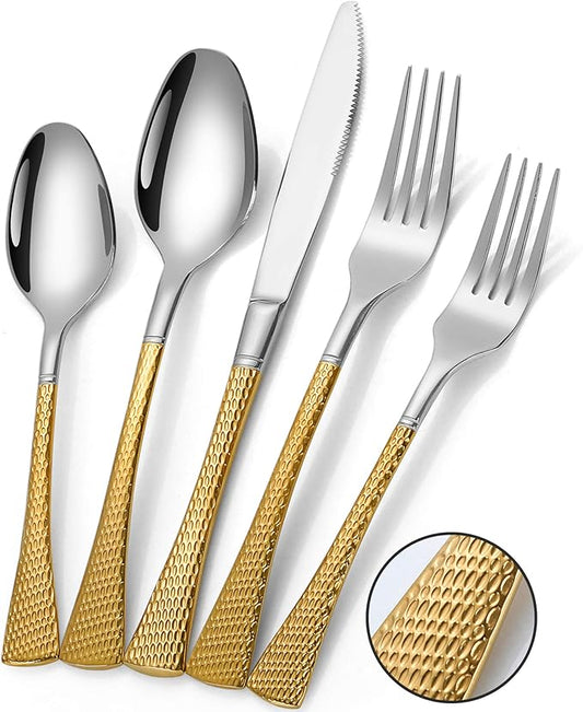 Hammered Silver Gold Silverware Set for 8,Stainless Steel 40-Piece Modern Cutlery Set,Mirror Polished Heavy Duty Flatware Set Utensil Set,Knives Spoons and Forks Set,Dishwasher Safe