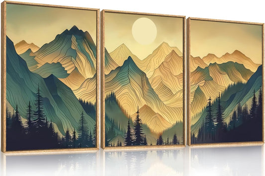 Celestdeco Mountains Forests Framed Canvas Wall Art Set, Abstract Sun Woodland Painting, Boho Scenery Sun Wall Decor, Natural Woodgrain Art Print for Living Room, Bedroom, Dining Room, Office - 16"x24"x3