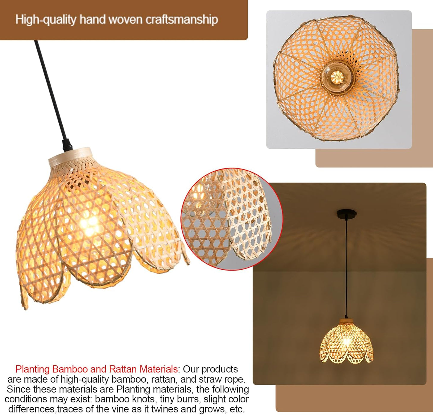 3-Pack Boho Pendant Light Fixture 9.8" Bamboo Hanging Light Mini Rattan Pendant Light,Woven Wicker Shade Rattan Chandelier for Dining Living Bedroom Kitchen Farmhouse