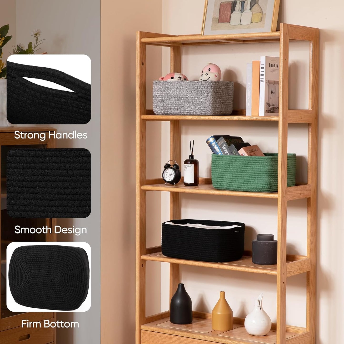 OIAHOMY 4 Pack 14.17*11.02*6.3IN Storage Baskets for Organizing Shelves, Woven Rope Baskets for Organizing Books, Clothes, Decorative Basket for Living Room, Nursery, Bedroom, Gift Basket, Black