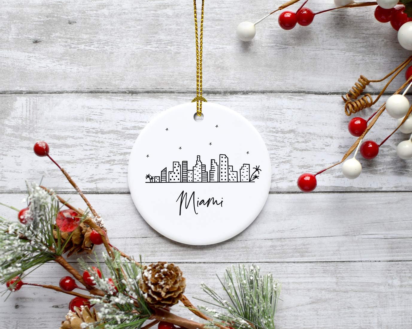 Andaz Press Round Ceramic Porcelain Christmas Tree Ornament Keepsake, Miami Black and White Stars City Skyline Graphic, 1-Pack, Birthday Gift Ideas Family Coworker Him Her, Includes Gift Box