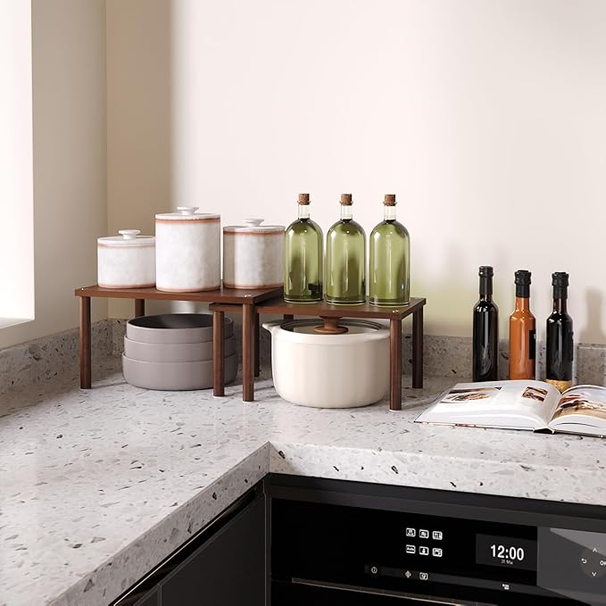 Cabinet Organizer Shelf(Set of 2),Kitchen Counter Shelves,Bamboo Spice Rack Countertop and Cabinet,Stackable Expandable,Medium(Brown)