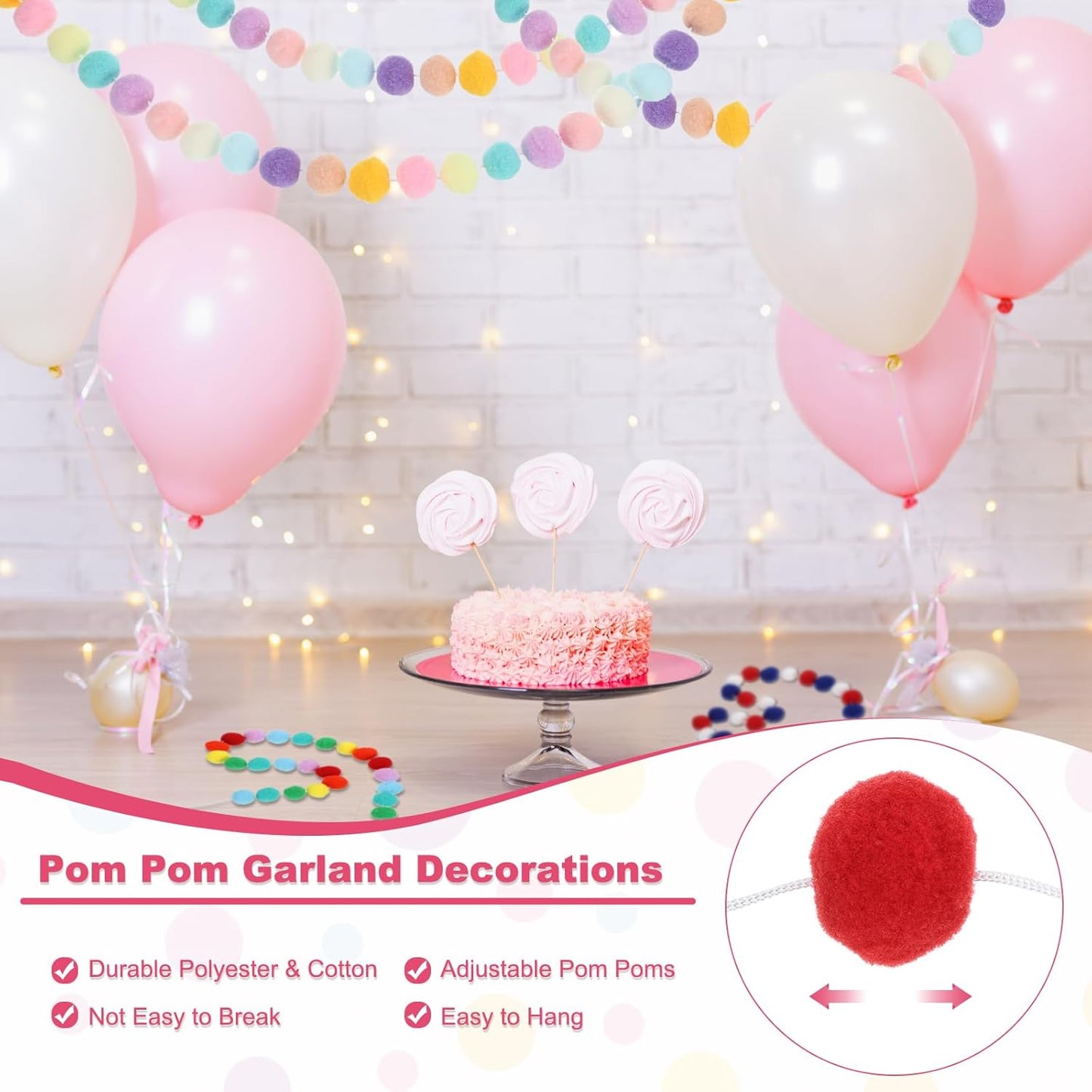 PATIKIL 13Ft Pom Pom Garland Decorations, 2Pcs Colorful Felt Ball Garland Banner Cute Rainbow Pompom Hanging Decorations for Tree Ornaments Homes Decor, Red/White