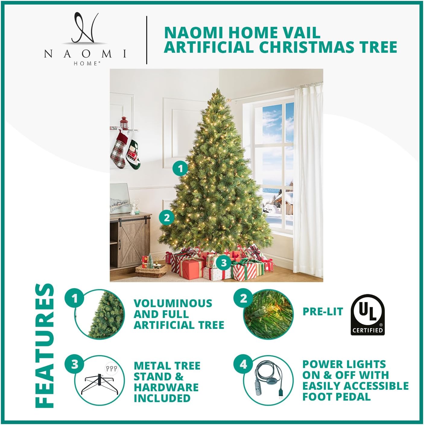 Naomi Home Vail 4.5ft Prelit Artificial Christmas Tree with Pine Cones, Foot Pedal, 561 Branch Tips, 300 Warm Lights and Metal Stand, 38" Wide Realistic Traditional Christmas Tree with Lights