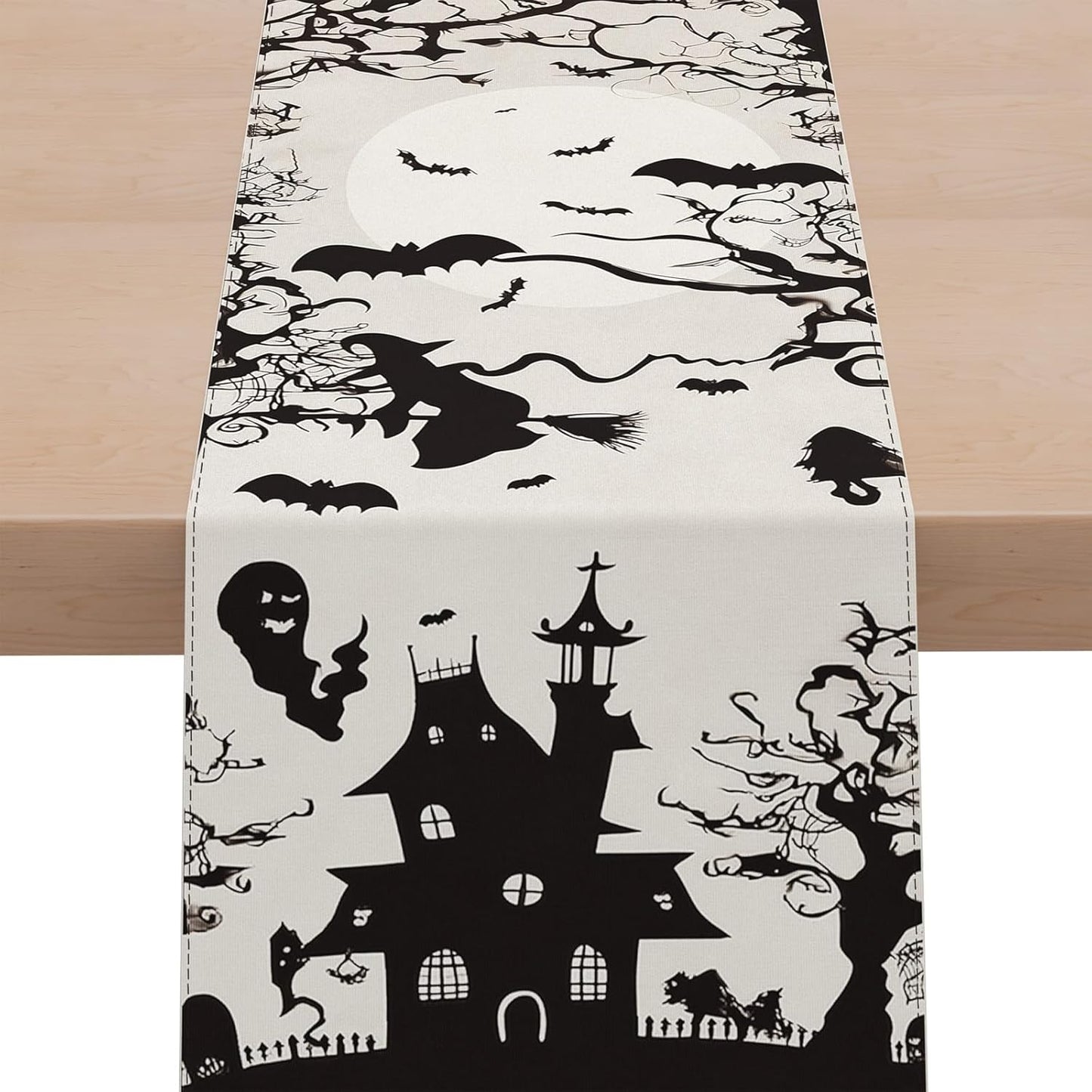 Halloween Table Runner,72 Inches Spooky Haunted House Bats Tree Ghost Witch Table Runner for Halloween, Table Decoration/Party Dinner Table Decor,Kitchen,Mantel,Bedroom Decoration