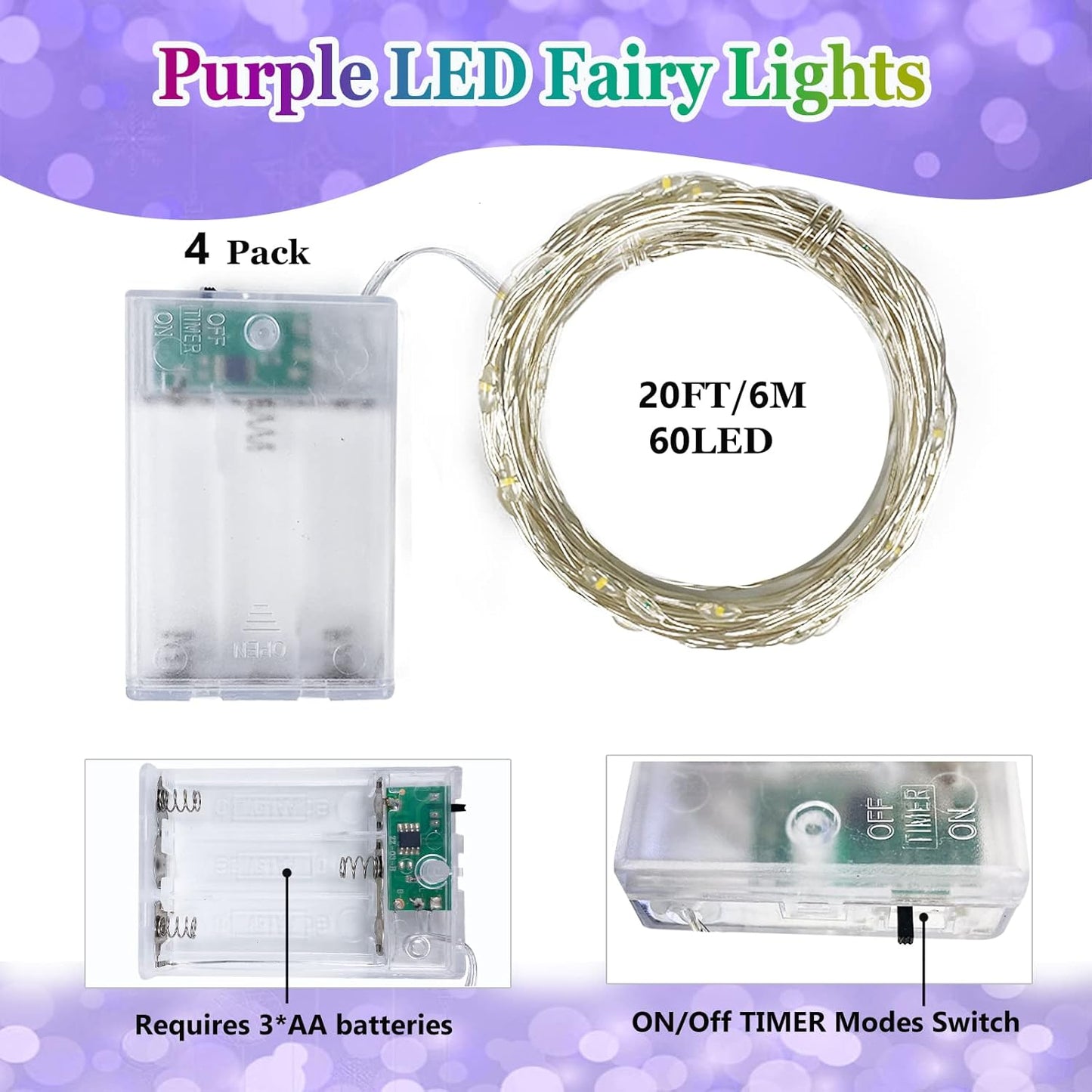 4 Pack 20FT 60LED Halloween Battery Operated Fairy Lights with Timer, Waterproof Battery String Lights Outdoor Indoor, Battery Twinkle Lights for Bedroom Wedding Birthday Party Halloween (Purple)