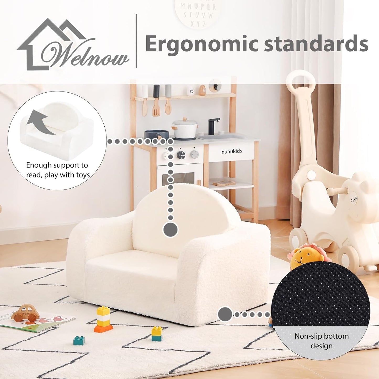 Welnow 2-in-1 Kids Sofa Chair, Convertible Toddler Chair Flip Out Children Sofa Chair with Wave Armrests Folding Kids Play Sofa with Side Pockets & Removable Cover Armchair for Girl or Boy