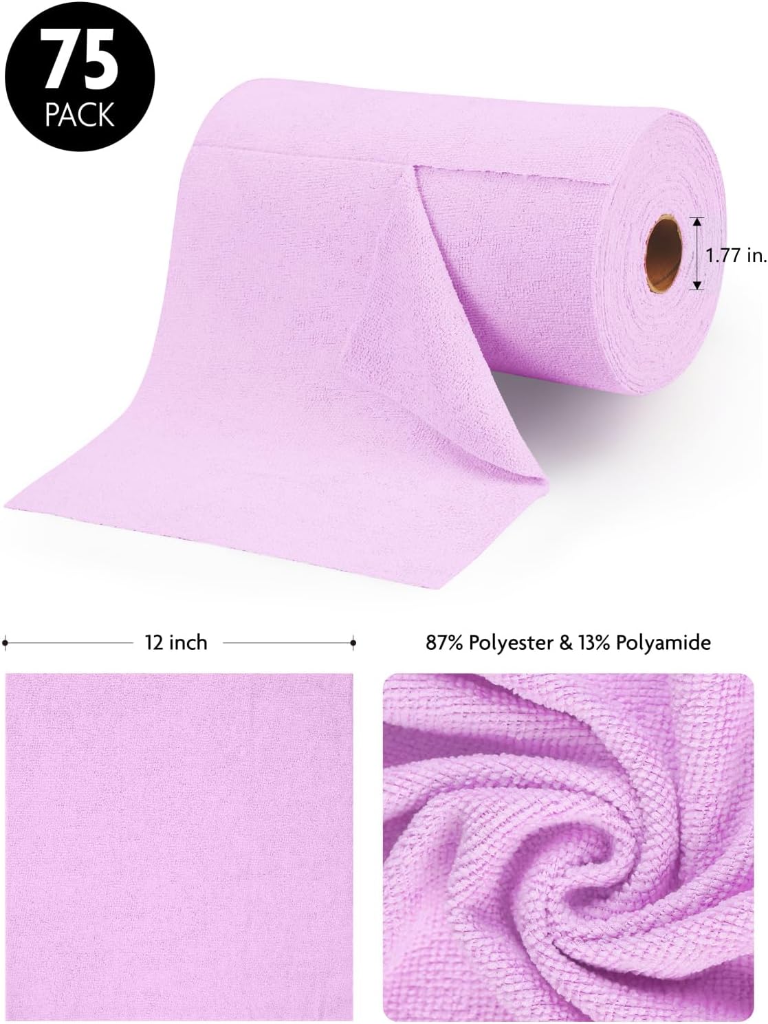 Fantasticlean Microfiber Cleaning Cloth Roll -75 Pack, Tear Away Microfiber Towels, 12" x 12", Reusable, Washable, Scratch Free, Ultra Absorbent Dish Rags for Car, Home, Garage or Shop (Purple)