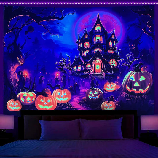 OSVINO Blacklight Halloween Castle Tapestry 59"x51" Pumpkins Ghosts Background Bedroom Aesthetic Hippie Room Decor Glow in The Dark Wall Poster for Halloween Easter
