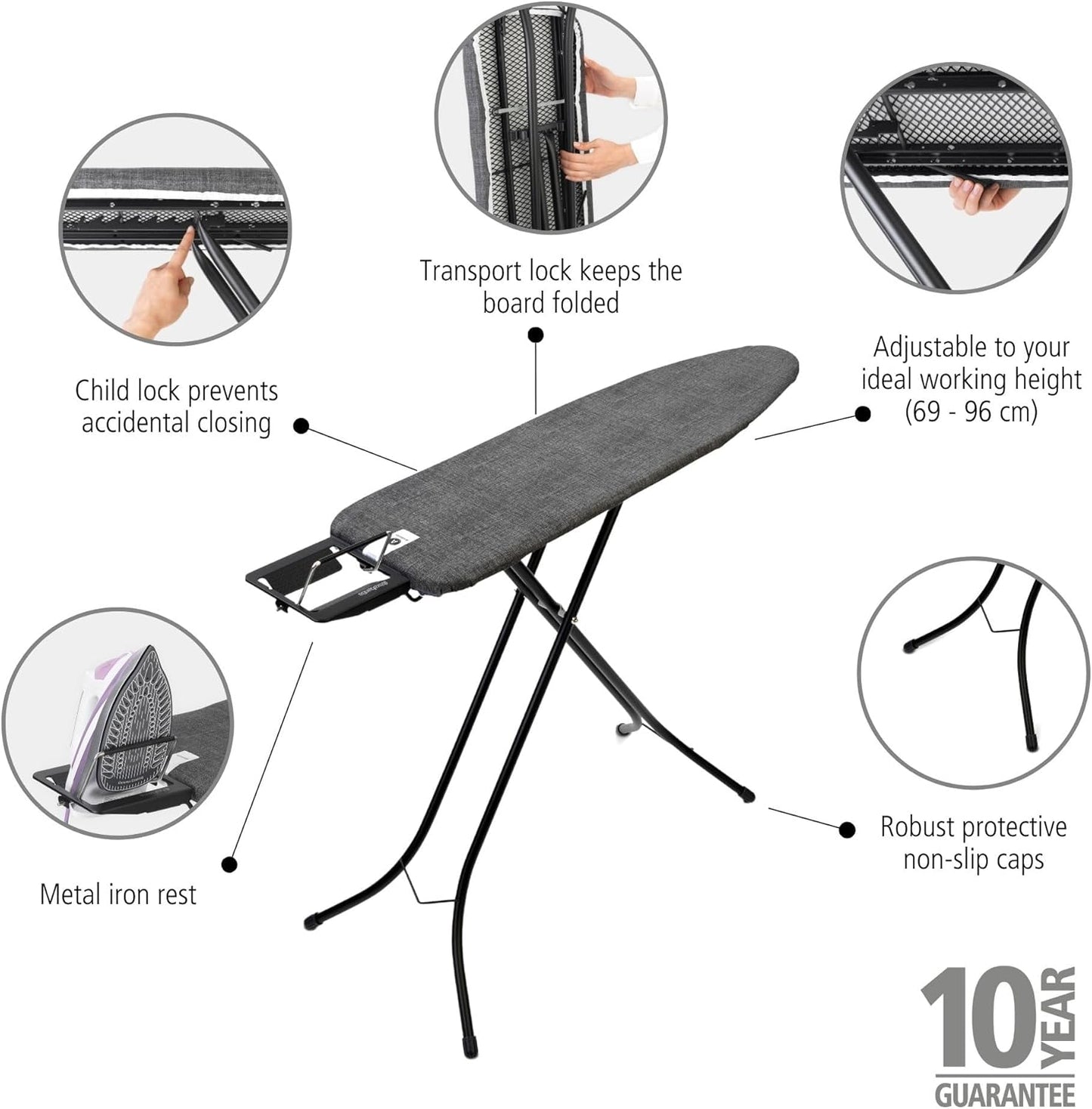 Brabantia Size A Compact Small Ironing Board (43x12 in) 7 Height Options, Adjustable Steam Iron Rest Holder (Denim Black) Non-Slip Feet, Anti-Collapse Child Locks