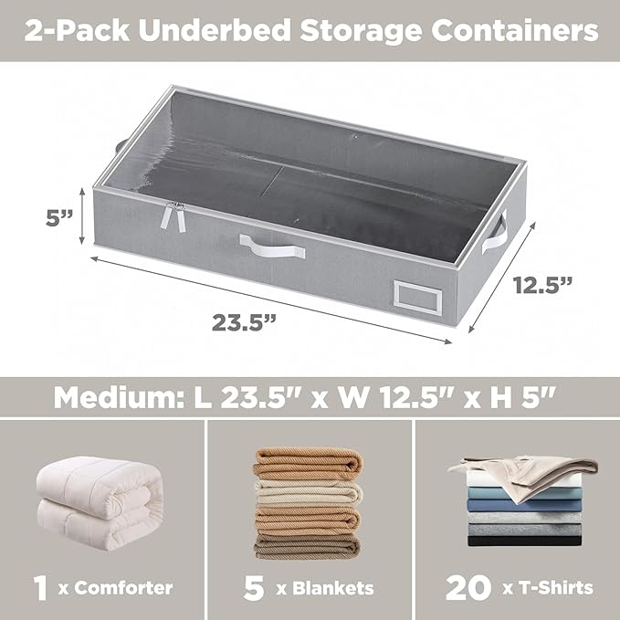 Under Bed Storage Containers, 2-Pack Underbed Storage Box, Collapsible Clothes Storage Bins with Handles and Lid, Large Under Bed Organizers for Shoe, Blanket, Toy, Pillow, Sheet, Gray