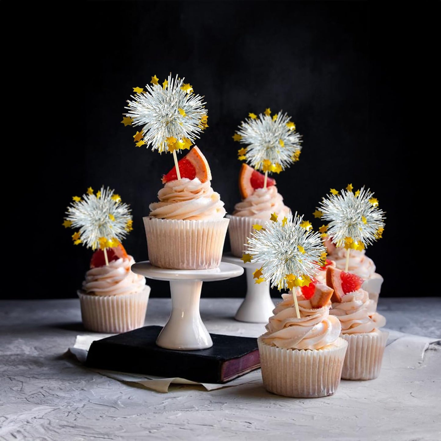 Ephlyn 30Pcs Foil Firework Cupcake Toppers Sparkle Tinsel Cupcake Picks Happy Birthday Cake Decorations Drink Stirrers Cocktail Food Fruit Toothpicks for Baby Shower Graduation Party Supplies Silver