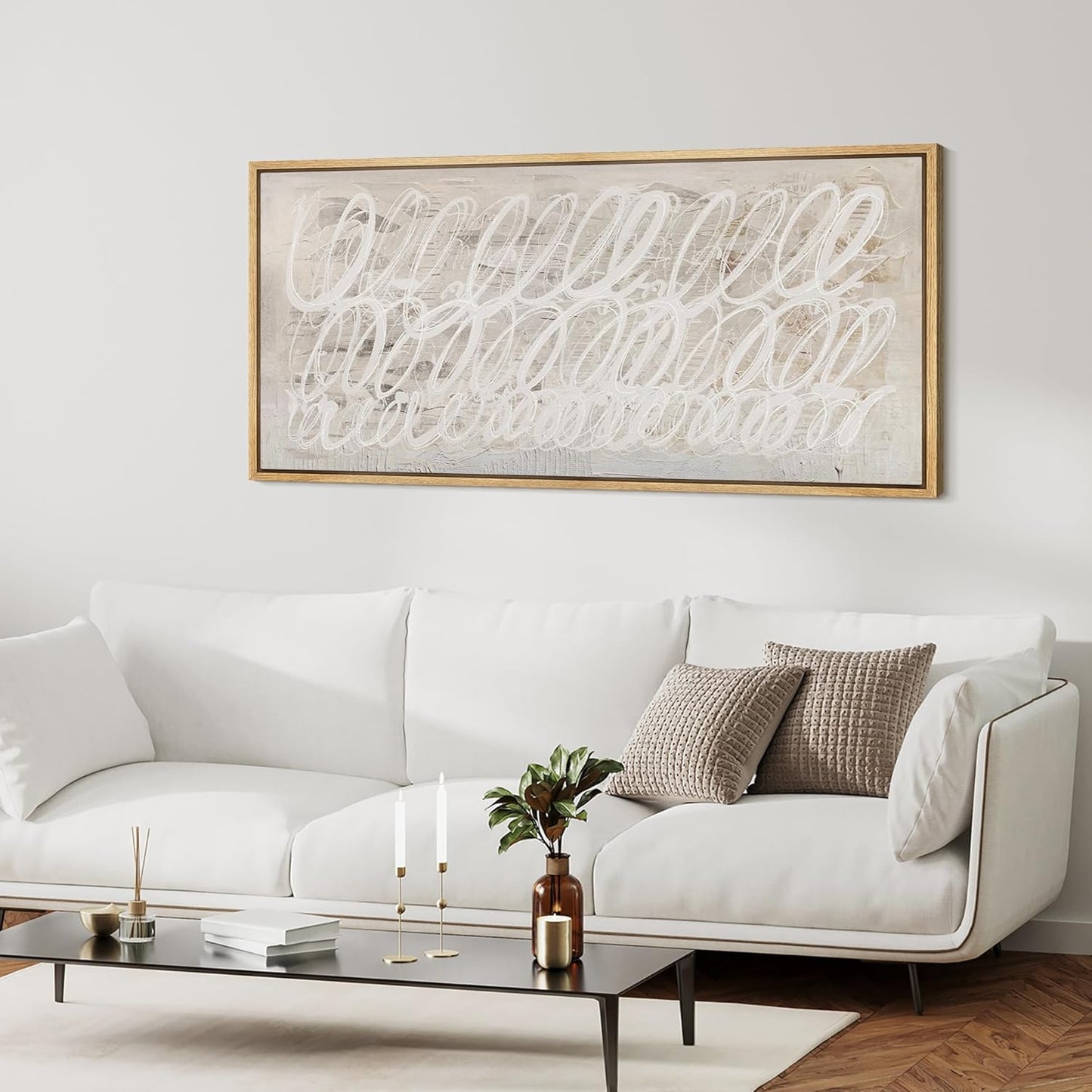 MUDECOR Extra Large Framed Canvas Print Wall Art White Abstract Calligraphy Antique Retro Fine Art Illustrations Decorative Colorful for Bedroom - 60"x30"