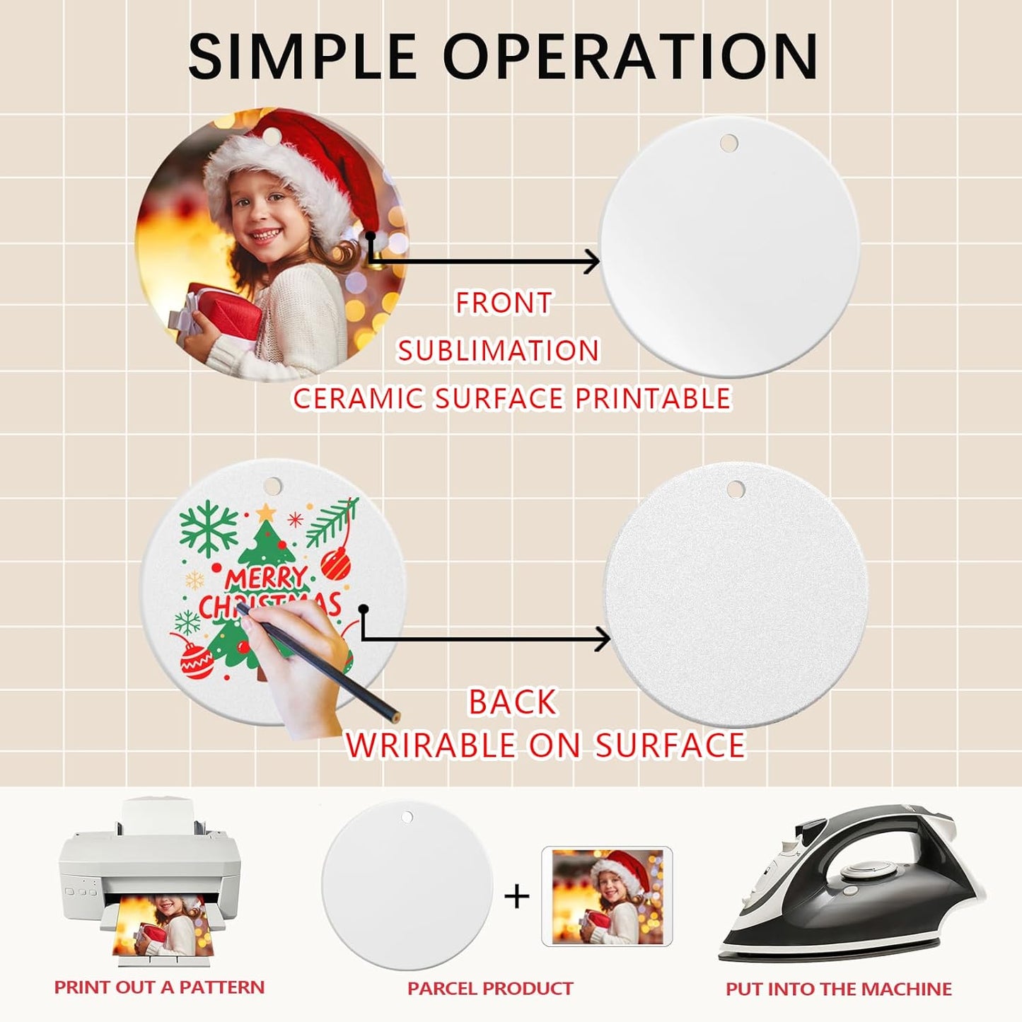 50 PCS Ceramic Sublimation Ornament Blanks Bulk 3 Inch White Round Crafts DIY Personalized Printed Christmas Home Porcelain Paintable Decorate