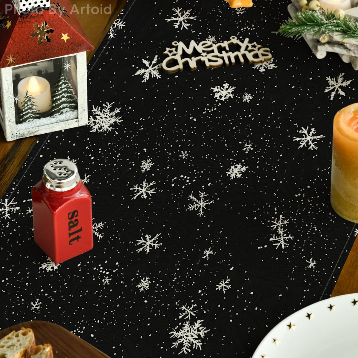 Artoid Mode Snowman Birds Trees Christmas Table Runner, Seasonal Black Winter Holiday Kitchen Dining Table Decoration for Home Party Decor 13 x 72 Inch