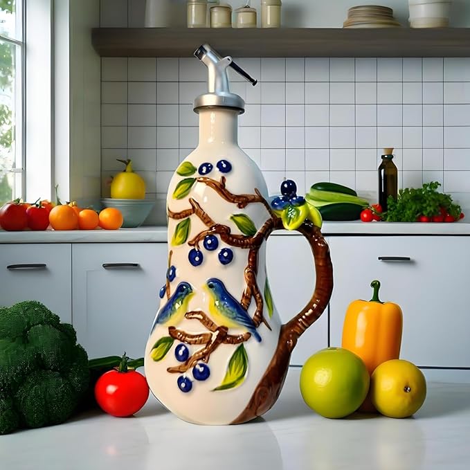 18 Oz Hand Painted Relief Ceramic Olive Oil Bottle Dispenser for Kitchen, Oil and Vinegar Bottle, Seasoning Bottle with Stainless Steel Nozzle, 540mL Oil Container with Handle for Cooking, Light Proof