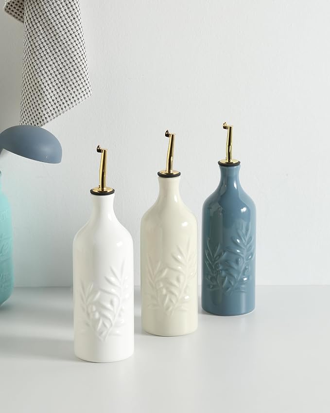 Sweejar Ceramic Olive Oil Dispenser Bottle 20 Oz Relief Opaque Oil Cruet Protects To Reduce Oxidation Suitable for Storage Vinegar, Soy Sauce, Coffee Syrup, Liquids, Set of 1 (Beige Gold Spout)