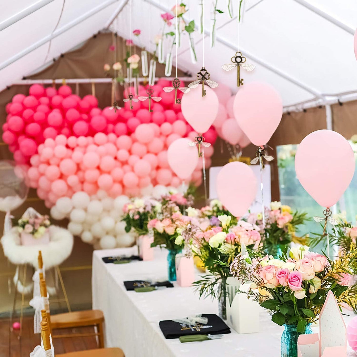 SANNIX 30 PCS Vintage Skeleton Keys Flying Keys with 30 Pairs Dragonfly Wings and 30 Yards Elastic String for Party Decorations