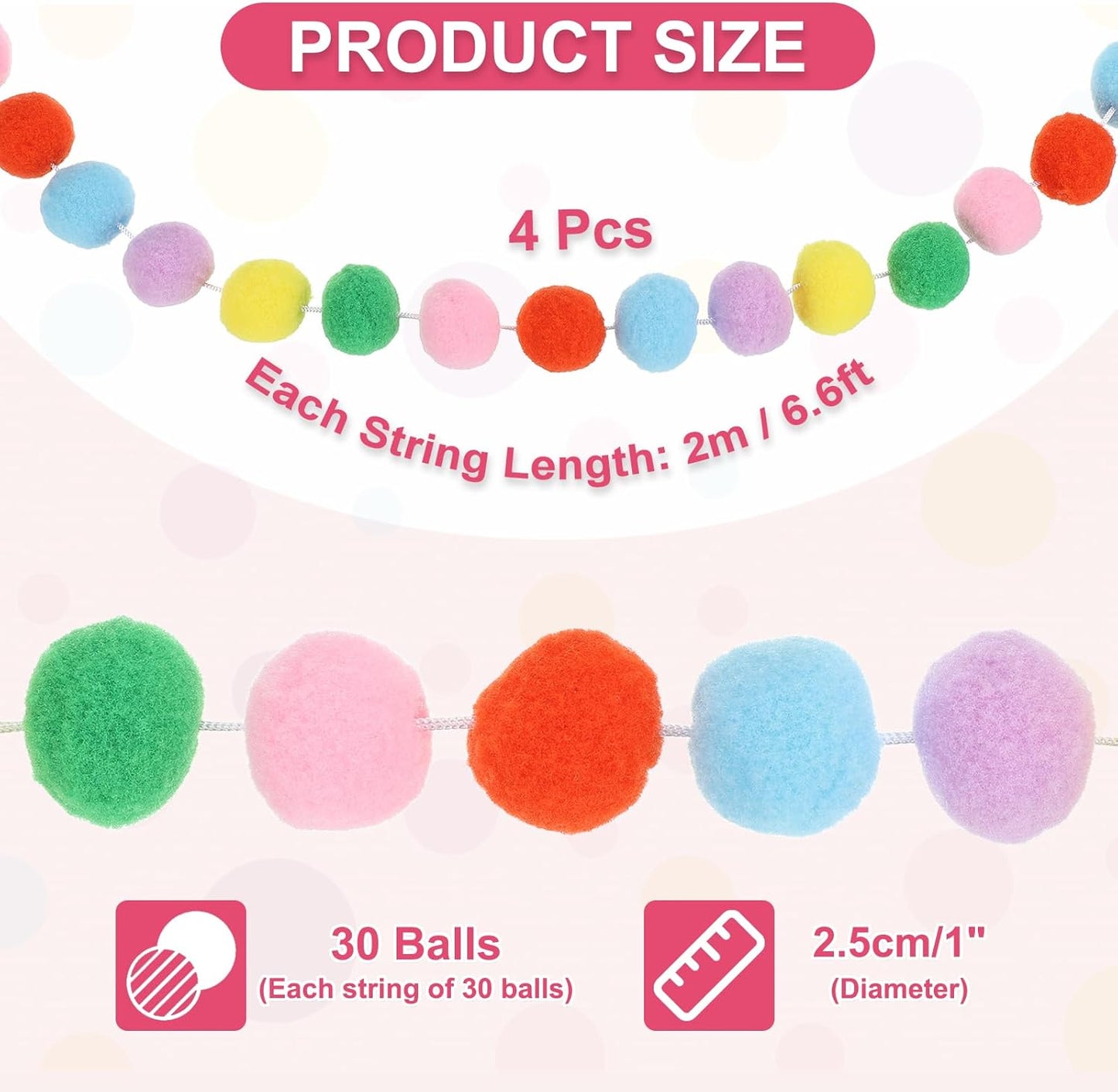 PATIKIL 26Ft Pom Pom Garland Decorations, 4Pcs Colorful Felt Ball Garland Banner Cute Rainbow Pompom Hanging Decorations for Tree Ornaments Decor, Pink/Green/Yellow/Purple/Blue/Orange